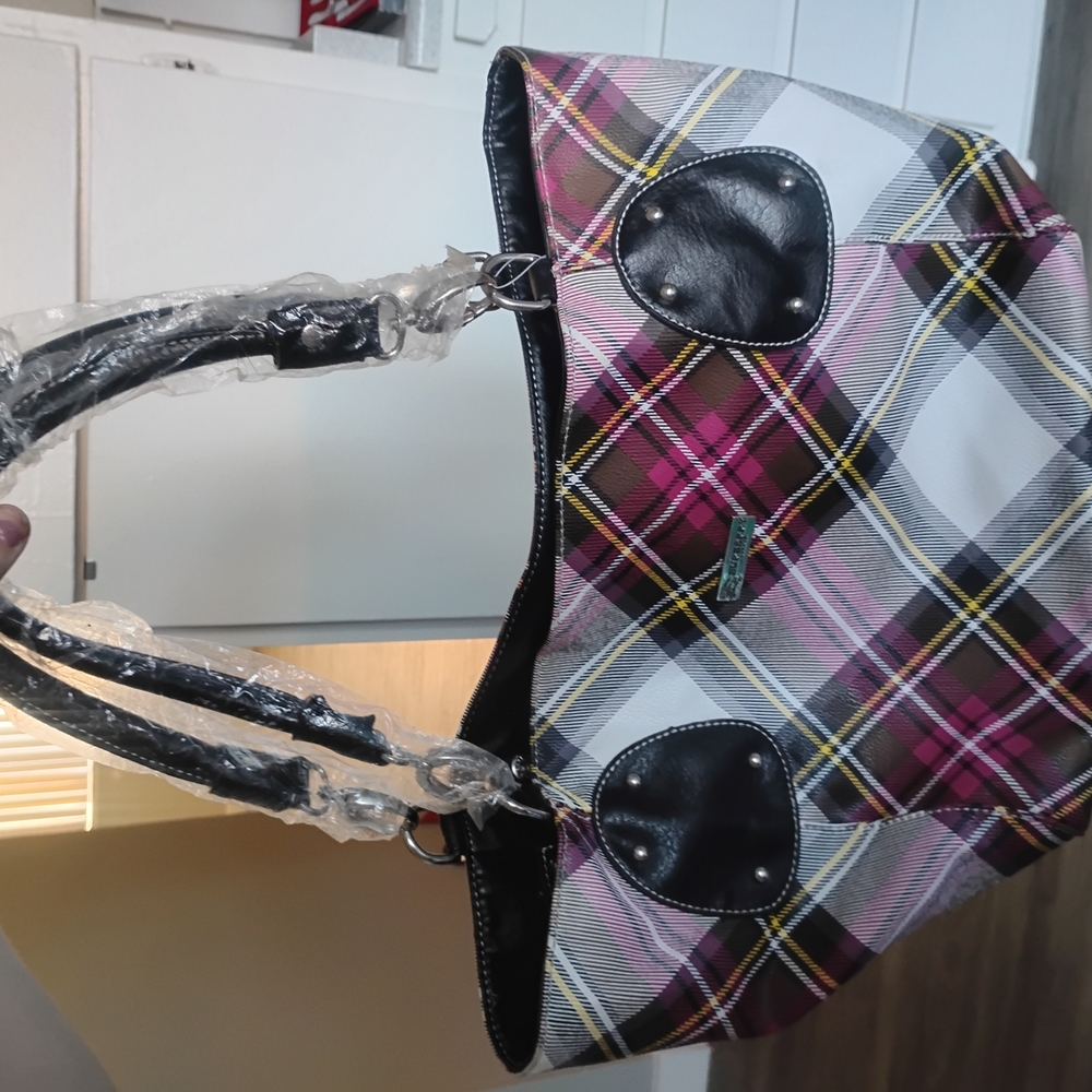 Plaid Shoulder Bag with Black Accents